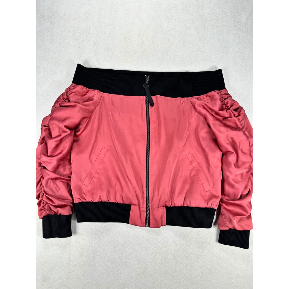 Project Runway Womens Off Shoulder Bomber Jacket Pink Ruched Sleeve Size Large